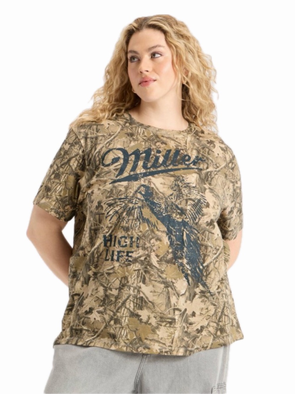 WOMENS L MILLER PHEASANT SHORT SLEEVE CAMO GRAPHIC TEE WORN 1X EUC